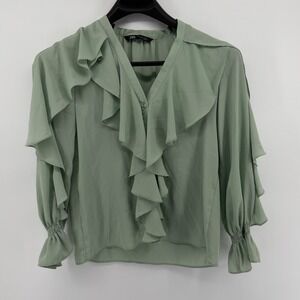 Zara Green Ruffle V Neck Long Sleeve Blouse Women's Size Small